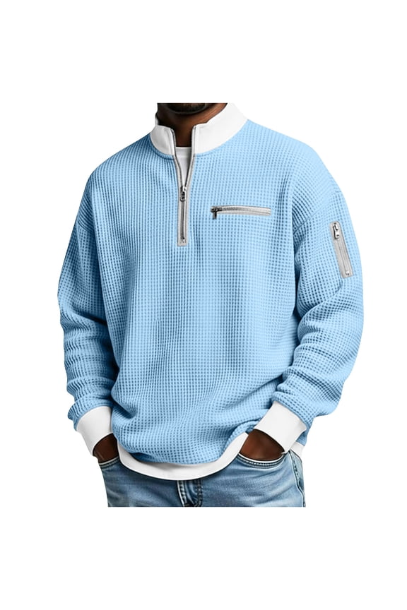 Mens Textured Knit T-Shirts Half-Zip Stand Collar Solid Color Drop Shoulder Oversized Long Sleeve Shirts Spring Fall Fashion Casual Pullover Tops Tees