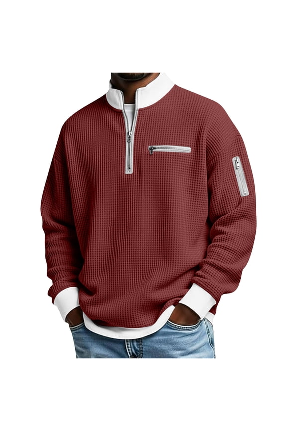 Mens Textured Knit T-Shirts Half-Zip Stand Collar Solid Color Drop Shoulder Oversized Long Sleeve Shirts Spring Fall Fashion Casual Pullover Tops Tees