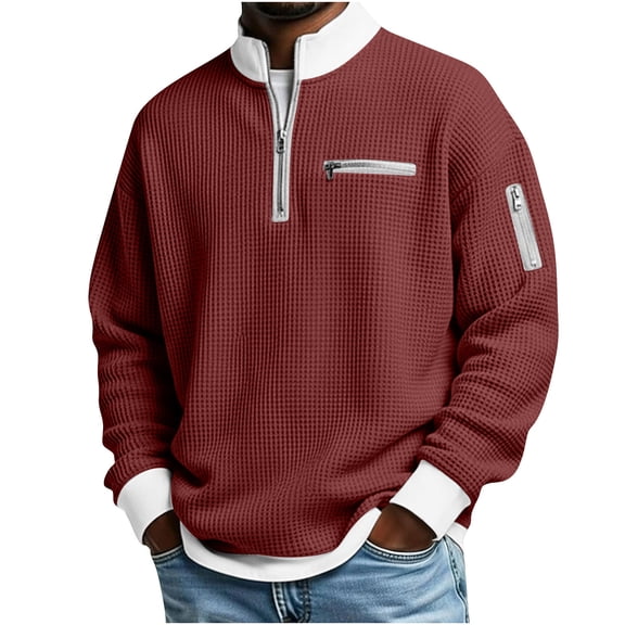 MELDVDIB Mens Textured Knit T-Shirts Half-Zip Stand Collar Solid Color Drop Shoulder Oversized Long Sleeve Shirts Spring Fall Fashion Casual Pullover Tops Tees