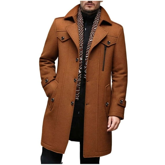 MELDVDIB Mens Trench Coat Button-Up Fleece Warm Lapel Long Coat Fall Winter Solid Color Long Sleeve Outwear with Detachable Scarf and Multiple Pockets