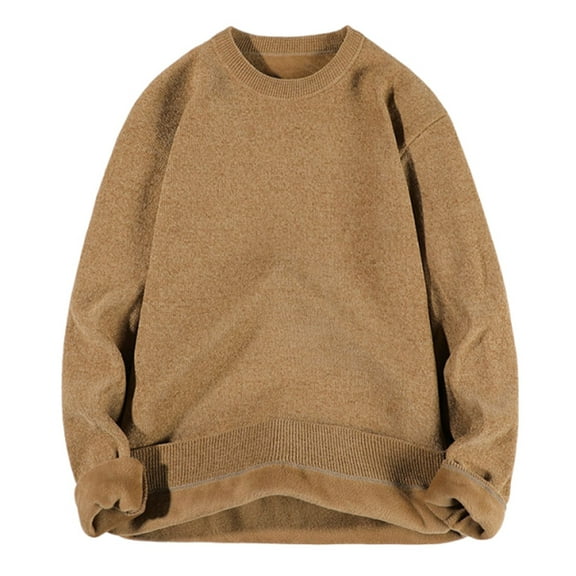 MELDVDIB Mens Warm Sweater Knit Fleece Lined Fall Winter Long Sleeve Oversized Pullover Tops Fashion Casual Stretch Comfy Crewneck Lounge Outfit Khaki 3XL