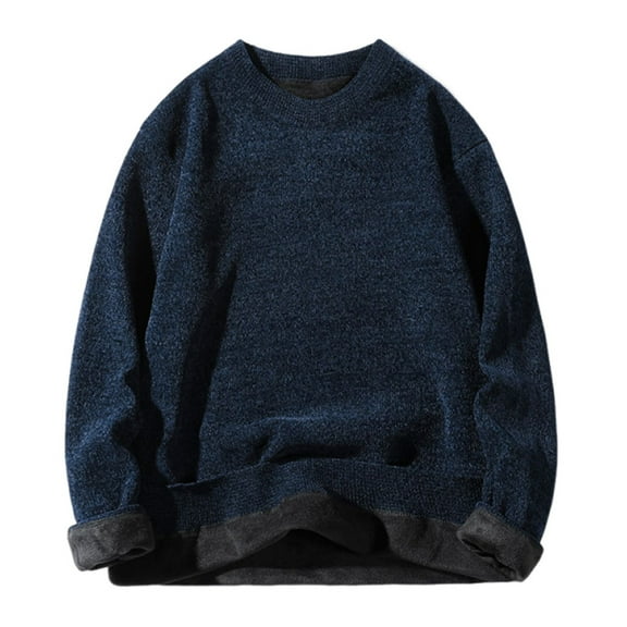 MELDVDIB Mens Warm Sweater Knit Fleece Lined Fall Winter Long Sleeve Oversized Pullover Tops Fashion Casual Stretch Comfy Crewneck Lounge Outfit Navy L