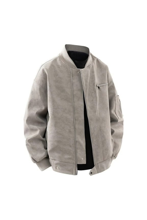 Mens Zip-Up Cargo Washed Leather Coat Solid Color Stand Collar Jacket Fall Winter Long Sleeve Travel Lounge Outwear Tops Khaki 2XL