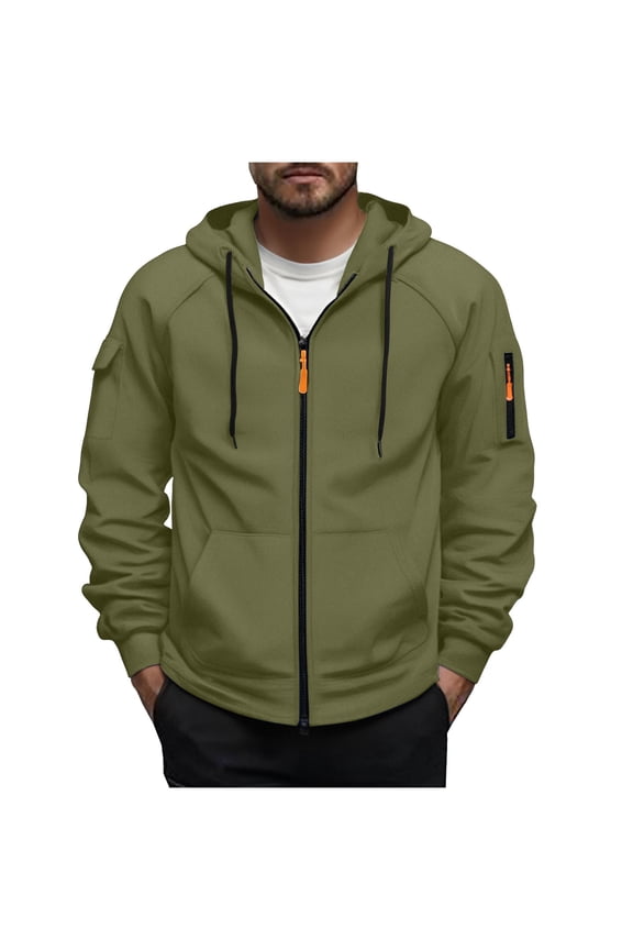 Mens Zip-Up Hoodie with Drawstrings Orange Zipper Front Pocket Casual Solid Color Comfy Hooded Sweatshirt for Daily and Outdoor Wear Army Green 3XL