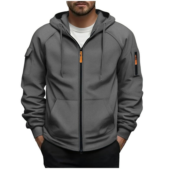 MELDVDIB Mens Zip-Up Hoodie with Drawstrings Orange Zipper Front Pocket Casual Solid Color Comfy Hooded Sweatshirt for Daily and Outdoor Wear Dark Gray 2XL