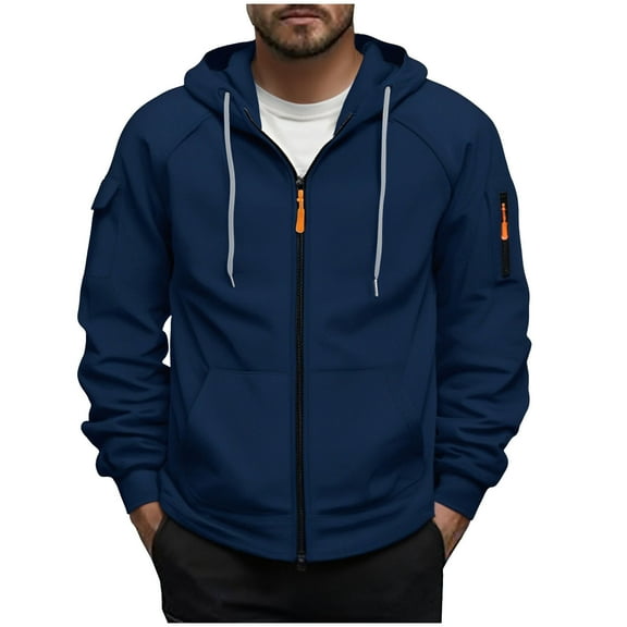 MELDVDIB Mens Zip-Up Hoodie with Drawstrings Orange Zipper Front Pocket Casual Solid Color Comfy Hooded Sweatshirt for Daily and Outdoor Wear Navy 3XL