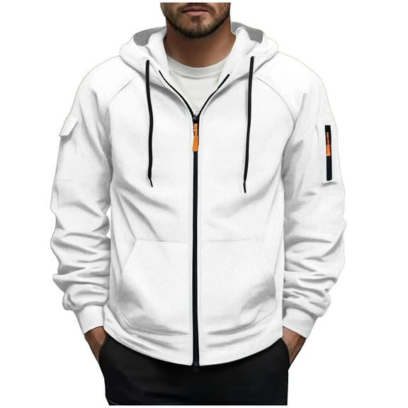 MELDVDIB Mens Zip-Up Hoodie with Drawstrings Orange Zipper Front Pocket Casual Solid Color Comfy Hooded Sweatshirt for Daily and Outdoor Wear White M