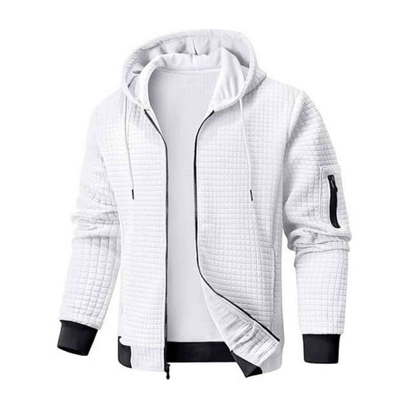 MELDVDIB Mens Zip-Up Hoodies Coats Fall Winter Square Check Long Sleeve Hooded Jackets Fashion Casual Solid Color Stretch Comfy Lounge Outfits White M