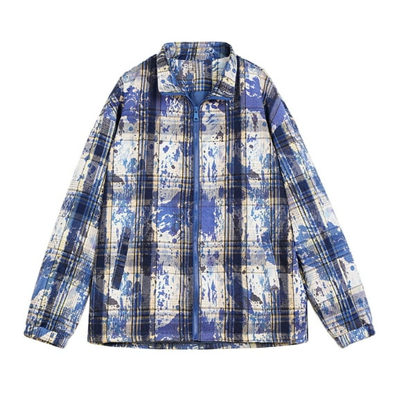 MELDVDIB Mens Zip-Up Plaid Shirts Turndown Collar Oversized Long Sleeve Dress Shirts Light Weight Work Coats Jacket Shirt with Pockets Blue 3XL