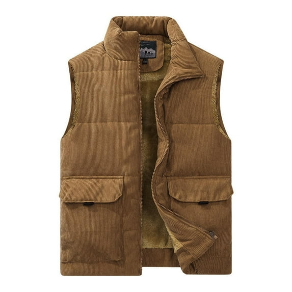 MELDVDIB Mens Zip-Up Puffer Vest Coats Corduroy Thickened Solid Color Sleeveless Jackets Warm Padded Stand Collar Outwear with Multiple Pockets
