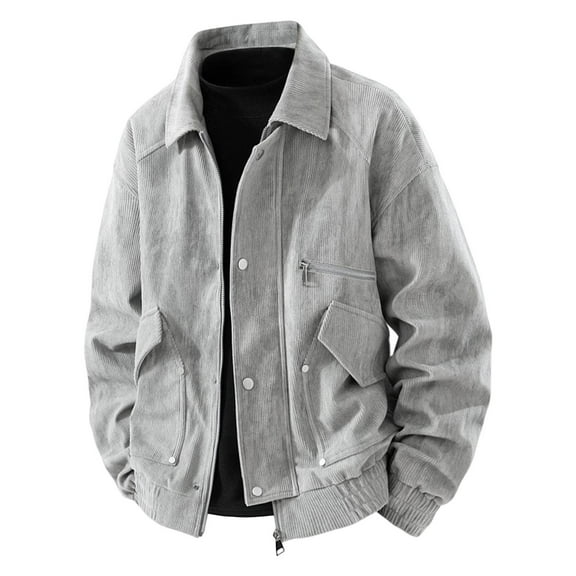 MELDVDIB Mens Zip-Up Vintage Corduroy Jacket Solid Color Lapel Coat Fall Winter Long Sleeve Lounge Travel Outwear Tops Gray 3XL