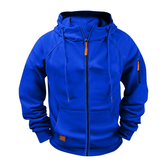 MELDVDIB Mens Zipper Cargo Hoodies Solid Color Sport Coat Outdoor Athletic Hooded Jacket Hiking Mountaineering Waterproof Long Sleeve Outfit Blue XL