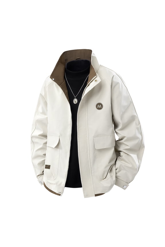 Mens Zipper Cargo Jackets Windbreaker Waterproof Coat Tops Camping Hiking Solid Color Hoodless Jackets Fall Winter Long Sleeve Lounge Outwear Khaki L