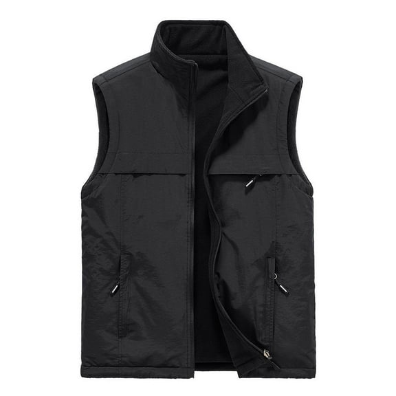 MELDVDIB Mens Zipper Vest Coats Fleece Lined Solid Color Sleeveless Stand Collar Jackets Light Weight Windbreaker Outwear with Multiple Pockets