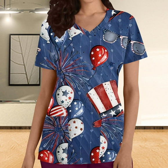 MELDVDIB Nursing Scrub Tops for Women 4th of July Patriotic Flag Print Working Uniform Short Sleeve V Neck Workwear Blouse T-shirt with Pockets, Gift on Clearance