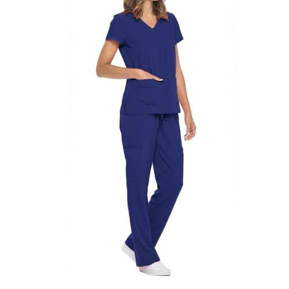 MELDVDIB Scrubs for Women Set Casual Solid Color Short Sleeve Loose V neck Top & Wide Leg Pants Light Weight Pullover Tops with Pocket