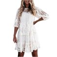 thumbnail image 1 of MELDVDIB Summer Dress for Women Crewneck 3/4 Sleeve Hollow Out Lace Solid Mini Dresses Beach Party Loose Dresses, 1 of 8