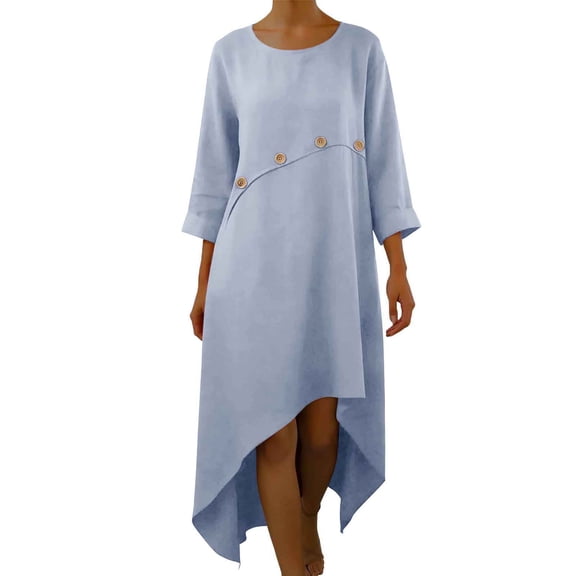 MELDVDIB Sundress for Women Linen Solid Color Crew Neck 3/4 Sleeve Summer Dress 2026 Vacation Flowy Long Dress