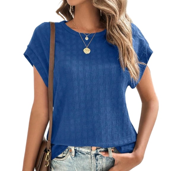 MELDVDIB T-Shirt for Womens Crew Neck Short Sleeve Solid Color Textured Loose Pullover Tees Going Out Business Basic Tops
