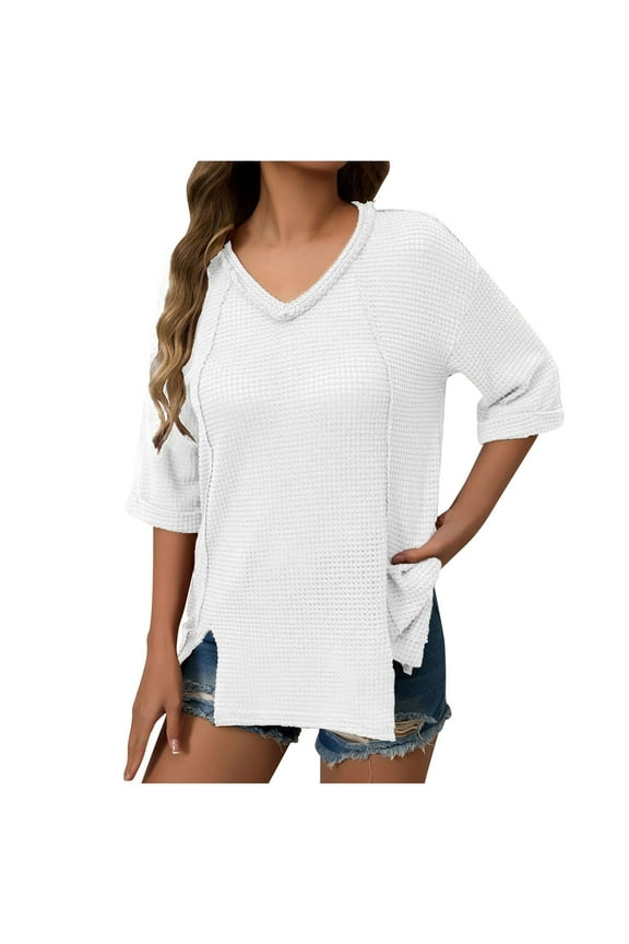 Tunic Tops for Womens V-Neck Short Sleeve Side Split Stretch Textured Tees Summer Comfy Breathable Loose T-Shirt