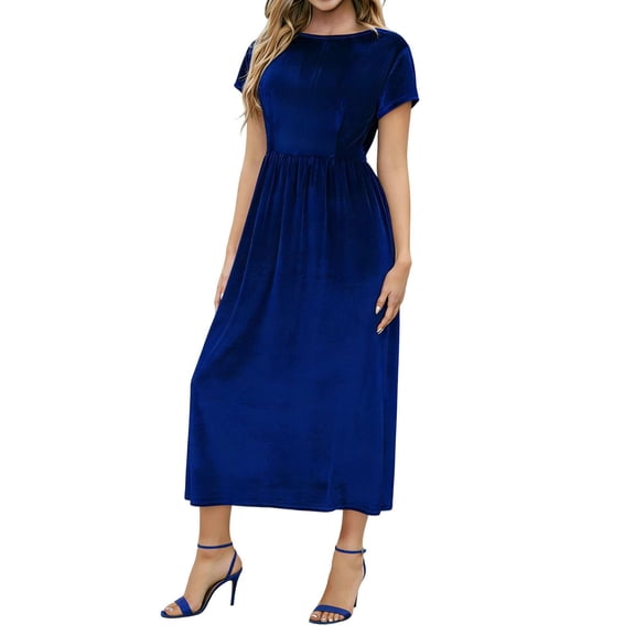 MELDVDIB Velvet Dresses for Women Back-Zip Crewneck Short Sleeve Summer Dress Fashion Casual Solid Color Slim Light Weight Long Dress Outfits
