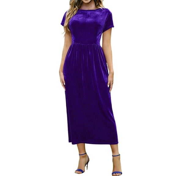 MELDVDIB Velvet Dresses for Women Back-Zip Crewneck Short Sleeve Summer Dress Fashion Casual Solid Color Slim Light Weight Long Dress Outfits