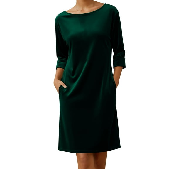 MELDVDIB Velvet Dresses for Women Crewneck Fashion Casual Solid Color Summer Dress 3/4 Sleeve Light Weight Loose Midi Dresses Outfits