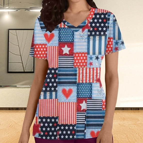 MELDVDIB Women Nursing Scrub Tops Independence Day Flag Print T Shirt V-Neck Working Uniform Workwear Pocket Tops, Gift on