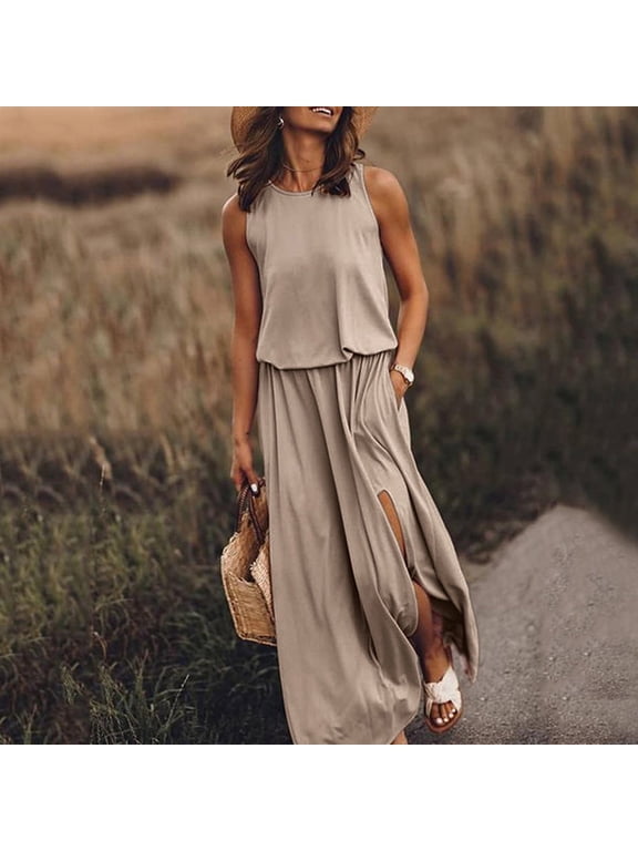 Women Sleeveless Casual Pure Color Summer Swing Long Dresses Daily Party Beach Round Neck Summer Sundress Holiday, Gift