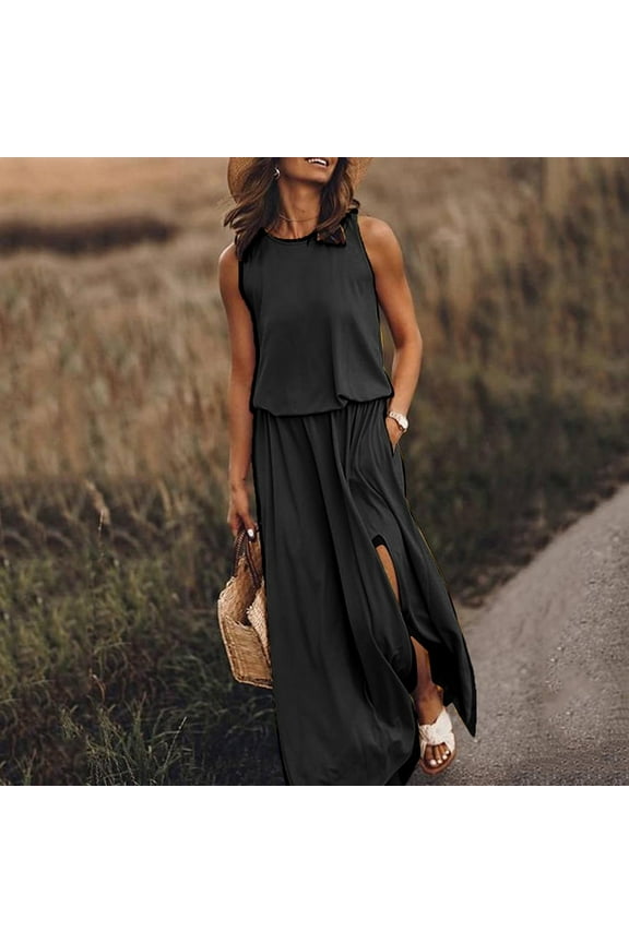 MELDVDIB Women Sleeveless Casual Pure Color Summer Swing Long Dresses Daily Party Beach Round Neck Summer Sundress Holiday Gift