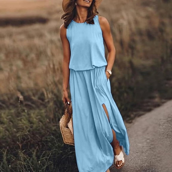 MELDVDIB Women Sleeveless Casual Pure Color Summer Swing Long Dresses Daily Party Beach Round Neck Summer Sundress Holiday, Gift