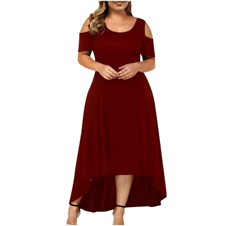 MELDVDIB Women's Plus Size Summer Dress Solid Sexy O-Neck Strapless Draw  Back Short Sleeve Long Maxi Dress High Low Cocktail Party Dress Wedding  Guest