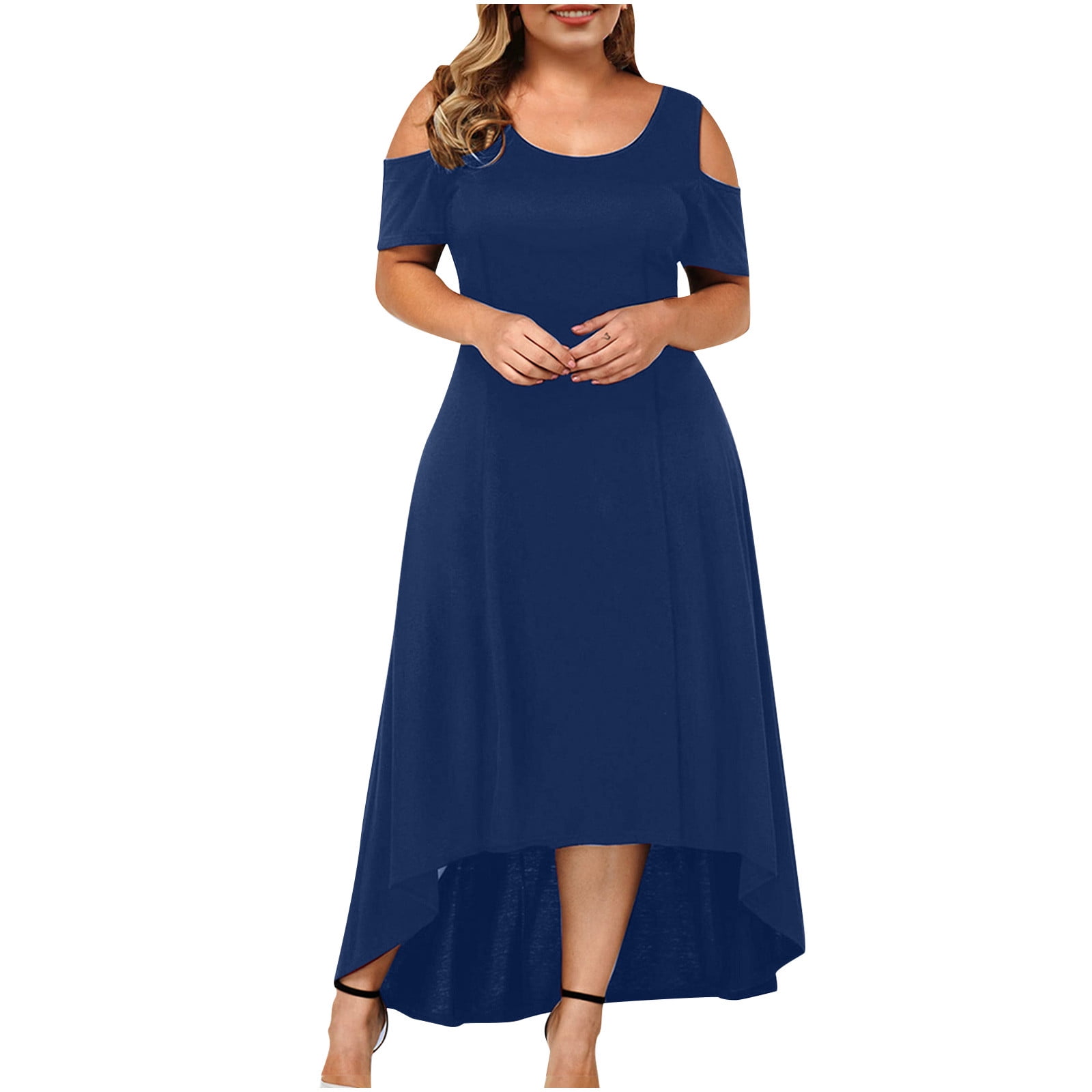 MELDVDIB Women's Plus Size Summer Dress Solid Sexy O-Neck Strapless Draw  Back Short Sleeve Long Maxi Dress High Low Cocktail Party Dress Wedding  Guest Dress on Clearance 