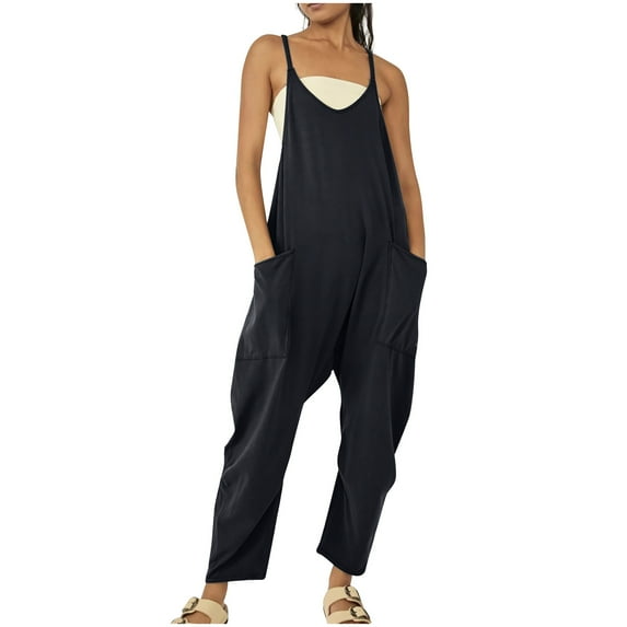 MELDVDIB Women's Summer Casual Sleeveless Strap Loose Adjustable Jumpsuits Stretchy Long Pants Romper with Pockets