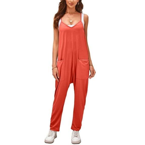 MELDVDIB Women's Summer Casual Sleeveless Strap Loose Adjustable Jumpsuits Stretchy Long Pants Romper with Pockets