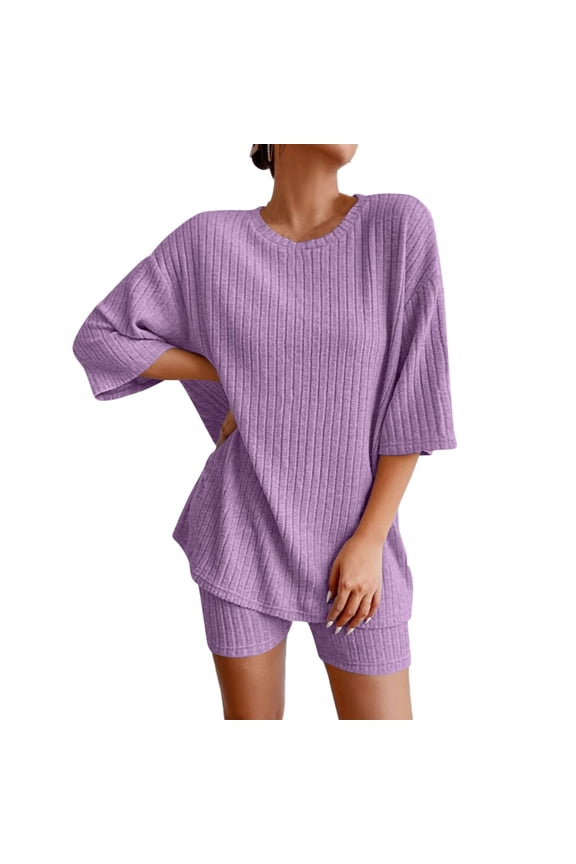 Womens 2 Piece Knit Ribbed Set Crew Neck 3/4 Sleeve Loose Tops High Elastic Stretchy Pants Summer Comfort Daily Outfits