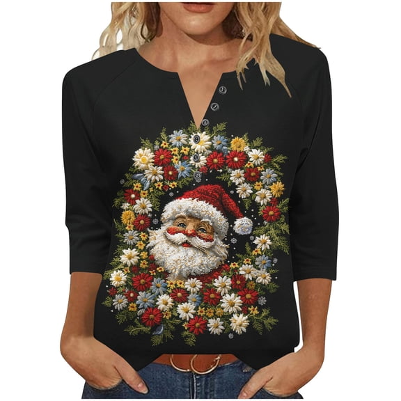MELDVDIB Womens 3/4 Length Sleeve Sweatshirt Christmas Gift Festive Print Half-Button Sweatshirt Fall Winter Fashion Casual Light Weight Comfy Pullover Tops
