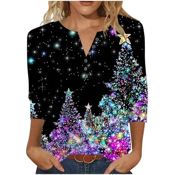 MELDVDIB Womens 3/4 Length Sleeve Sweatshirt Christmas Gift Festive Print Half-Button Sweatshirt Fall Winter Fashion Casual Light Weight Comfy Pullover Tops