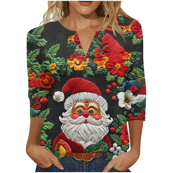 MELDVDIB Womens 3/4 Length Sleeve Sweatshirt Christmas Gift Festive Print Half-Button Sweatshirt Fall Winter Fashion Casual Light Weight Comfy Pullover Tops