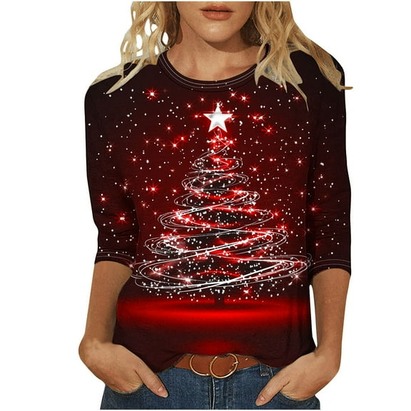 MELDVDIB Womens 3/4 Length Sleeve Sweatshirt Christmas Gift Festive Print Loose Sweatshirt Fall Winter Fashion Casual Light Weight Comfy Pullover Tops