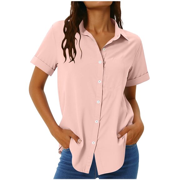 MELDVDIB Womens Blouse Button-Up Turn Down Collar Short Sleeve Shirts Loose Summer Tops Fashion Casual Solid Color Shirts with Zipper Pocket