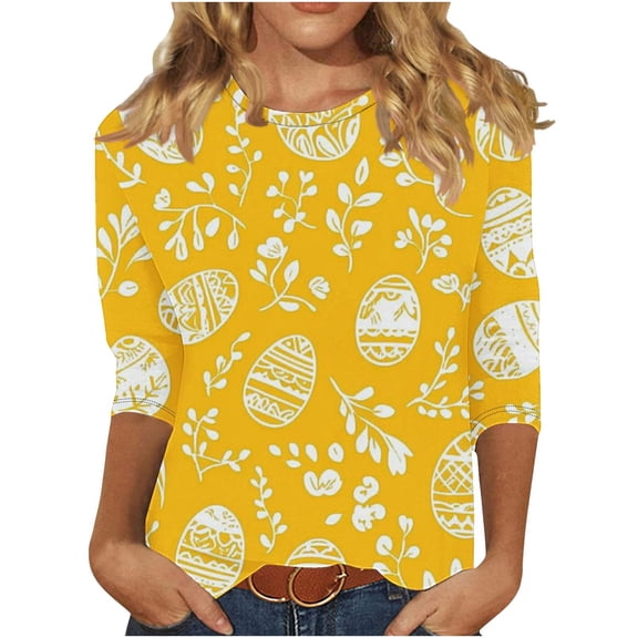 MELDVDIB Womens Blouse Fashion Easter Printed Crew Neck 3/4 Sleeve Loose Summer Tops Solid Color Basic Holiday Shirts