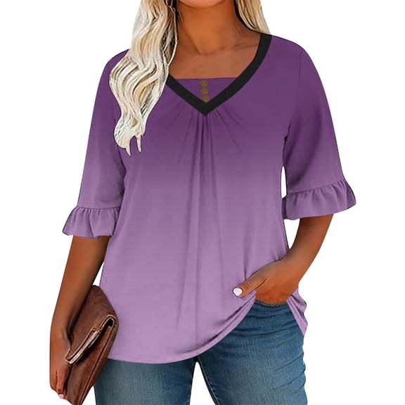 MELDVDIB Womens Blouse V-Neck Ruffled Short Sleeve Shirts Summer Tops Fashion Casual Gradient Printed Stretch Loose Tees