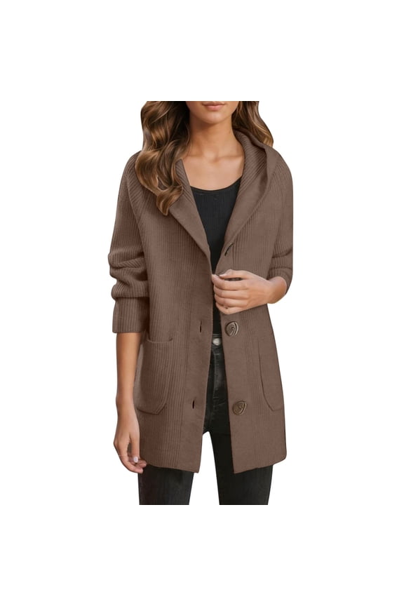 Womens Button-Up Cardigan Sweater Coats Fall Winter Solid Color Sweater Hooded Jackets Mid-Length Light Weight Outwear with Pockets
