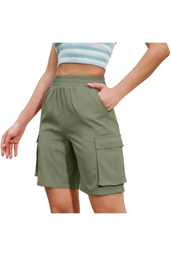 Womens Cargo Shorts Elastic Waist Solid Color Loose Sport Wear Comfy Soft Stretch Running Hiking Cycling Wear with Multi Pockets