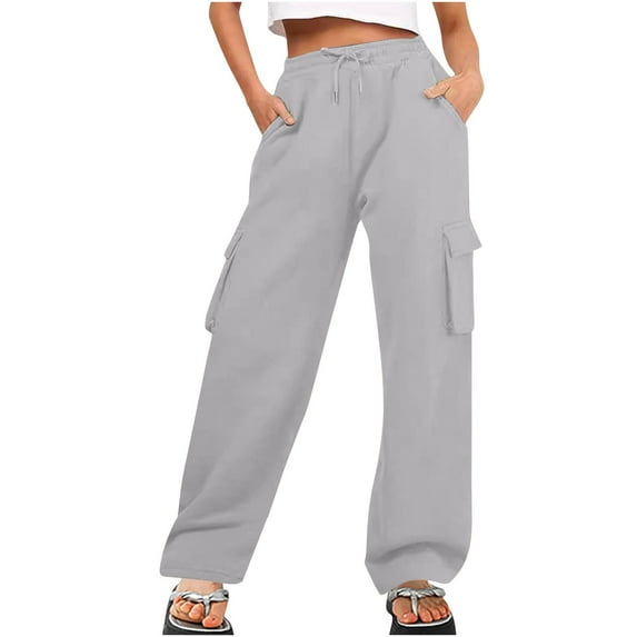 MELDVDIB Womens Cargo Sweatpants Baggy Drawstring Waist Wide Leg Pants Fashion Casual Solid Color Light Weight Lounge Trousers with Pocket Gray L