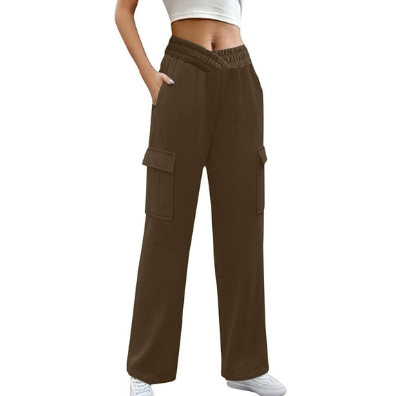 MELDVDIB Womens Cargo Sweatpants Baggy Elastic Waisted Wide Leg Pants Fashion Casual Solid Color Stretch Comfy Hiking Pant with Pockets Brown S