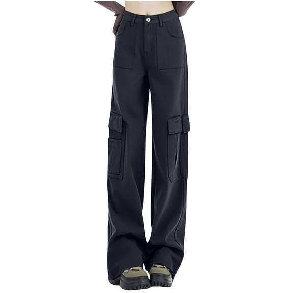 MELDVDIB Womens Cargo Travel Pants Baggy Button Waist Wide Leg Pants Fashion Casual Solid Color Light Weight Lounge Trousers with Pocket Gray XS