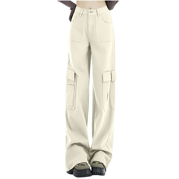 MELDVDIB Womens Cargo Travel Pants Baggy Button Waist Wide Leg Pants Fashion Casual Solid Color Light Weight Lounge Trousers with Pocket White XL