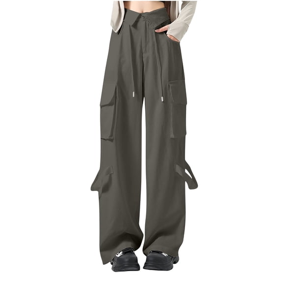 MELDVDIB Womens Cargo Travel Pants Baggy Drawstring Waist Wide Leg Pants Fashion Casual Solid Color Light Weight Lounge Trousers with Pocket Army Green L